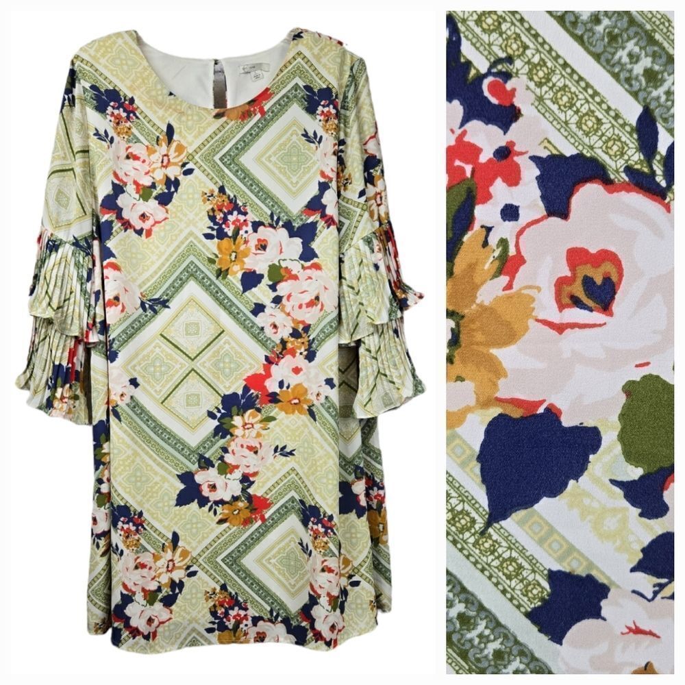 Cato Work Dress Pleated Bell Sleeve Shift Boho A-line Green Floral Tile Print